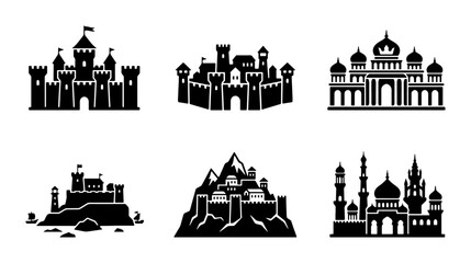 Medieval Castles and Palaces Vector Icons, Fantasy Fortifications and Architecture Set, Royal Buildings Silhouette Collection © Sadia