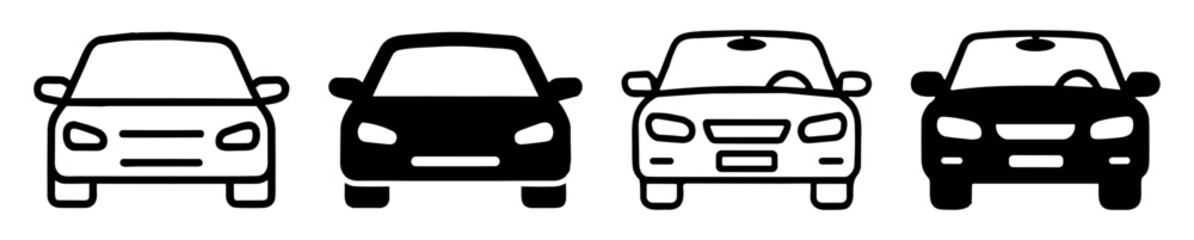 Set of four car front view icons with two line art and two solid style illustrations on transparent background © Ярослав Дацко