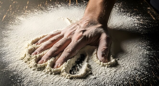 Close-up of a bakers hand mixing flour on a surface.