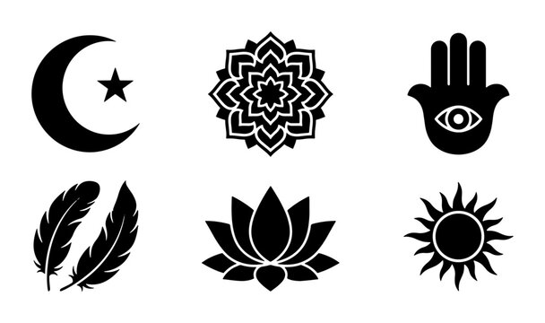 Spiritual Symbols Collection: Crescent Moon, Lotus Flower, Hamsa Hand, Feathers, Mandala, Sun Icons