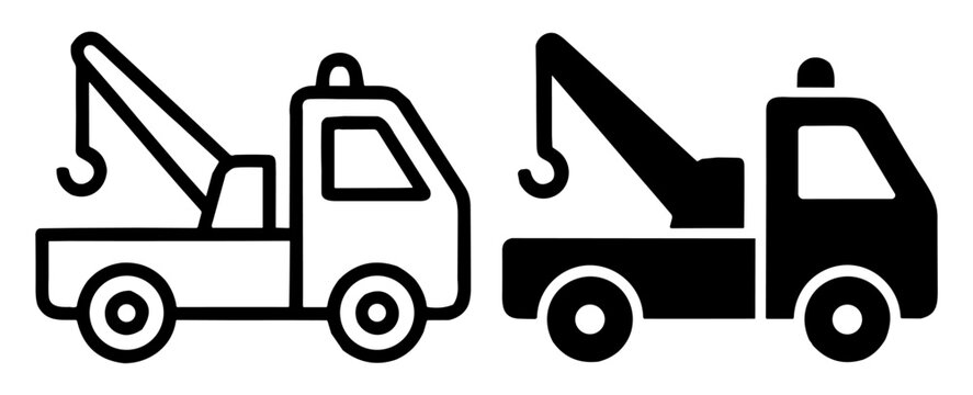 Tow truck icons set in outline and solid style showing vehicle with crane hook for towing and recovery on transparent background