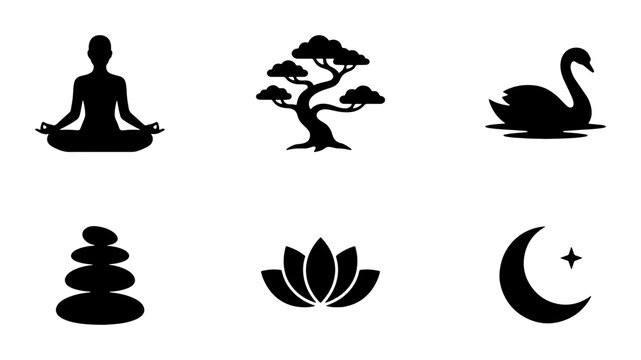 Zen Icons: Meditation, Bonsai Tree, Swan, Stones, Lotus, Crescent Moon Symbols