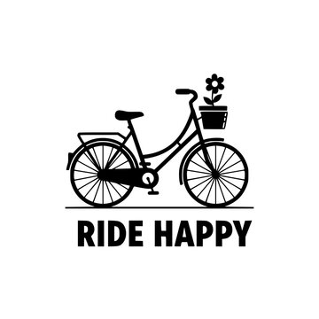 Vector illustration of bicycle with flower in basket, ride happy