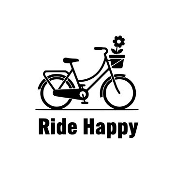 Vector illustration of a bicycle with a flower in the basket, Ride Happy