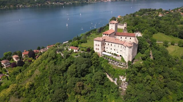 Europe, Italy, Angera province of Varese , The Borromean Fortress  Castle of Angera on Lake Maggiore. The fortress's historic rooms  is Doll and Toy Museum - tourist attraction destination sightseeing