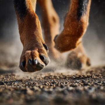 Close-up of energetic dog paws kicking up dust while running on a textured dirt surface during an outdoor activity in natural light