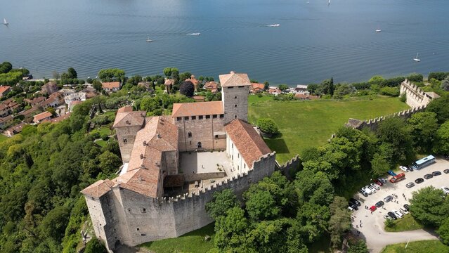 Europe, Italy, Angera province of Varese , The Borromean Fortress  Castle of Angera on Lake Maggiore. The fortress's historic rooms  is Doll and Toy Museum - tourist attraction destination sightseeing