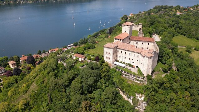 Europe, Italy, Angera province of Varese , The Borromean Fortress  Castle of Angera on Lake Maggiore. The fortress's historic rooms  is Doll and Toy Museum - tourist attraction destination sightseeing