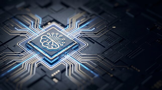 Glowing artificial intelligence brain icon integrated into a high tech dark metallic computer processor chip surface