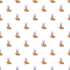 Fototapeta premium Cute cartoon bunnies holding carrots repeating in a seamless pattern on white background