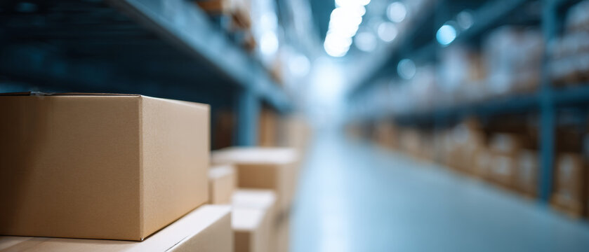 Cardboard boxes in warehouse storage aisle