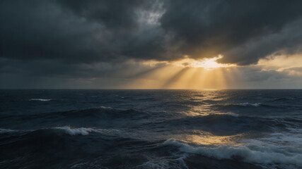 Fototapeta premium Ocean waves under stormy sky with sunlight emphasizing environmental sustainability and eco-tourism