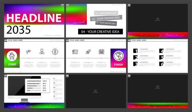 Business presentation template. Set, infographic elements, gradient design, white background. Flyer, computer, monitor, photo, powerpoint. Slideshow, corporate annual report, Vector illustrations