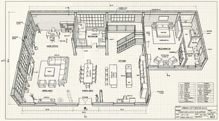 Architectural floor plan of a modern residential loft apartment with living area, kitchen, and bedroom © Siam