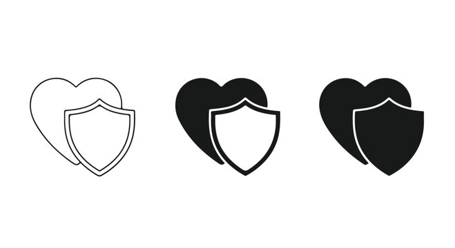 Set of three icons depicting shield symbols with face masks in outline, filled, and dark silhouette styles for health