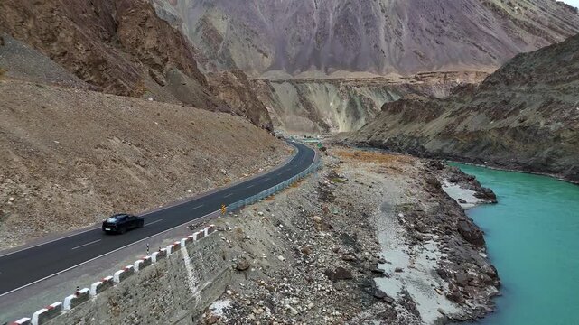 Himalayan Indus River Side Roads & Moving Black Car | Stunning Ladakh Landscape in 4K Cinematic Drone Aerial Views