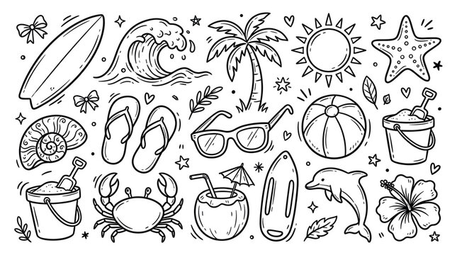 Various hand-drawn summer vacation and beach-themed doodle elements are arranged neatly on a clean white background, creating a playful and cheerful illustration