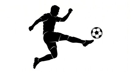 Fototapeta premium Black silhouette of soccer player kicking football ball isolated on white background dynamic movement action pose in graphic vector style for sport 