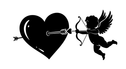 Fototapeta premium Cupid shoots arrow through heart symbol on white background