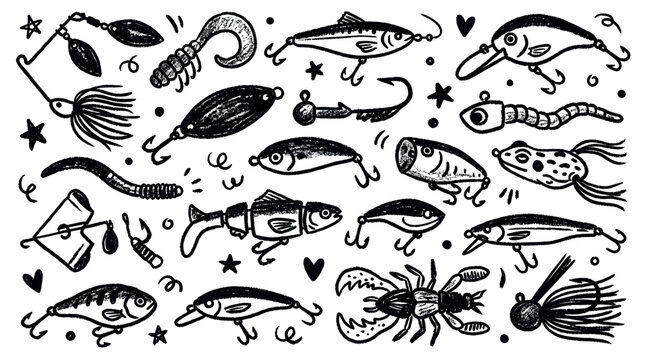 Various black and white fishing lures and bait are hand-drawn in a playful doodle style on a clean white background