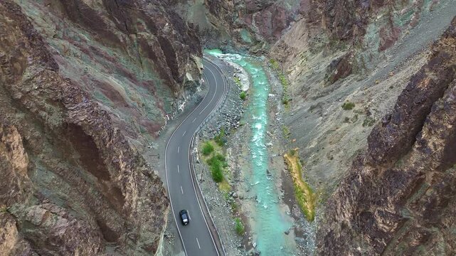 Himalayan Indus River Side Roads & Moving Black Car | Stunning Ladakh Landscape in 4K Cinematic Drone Aerial Views