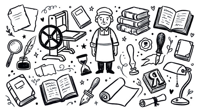 Hand-drawn black and white illustration of a printer surrounded by various publishing and writing tools on a clean background