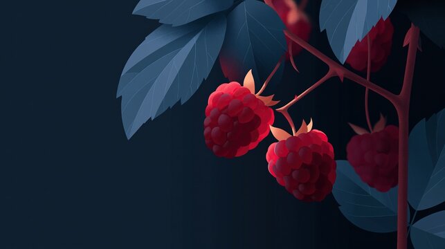 Stylized illustration of bright red raspberries on branch with blue leaves on dark background, moody botanical art with empty copy space