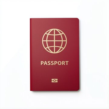 Closed red passport with golden globe symbol and text on cover against plain clean white background, international travel identity document