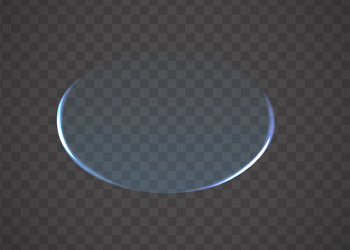 Single oval glass button with glowing neon rim effect transparent circular abstract interface