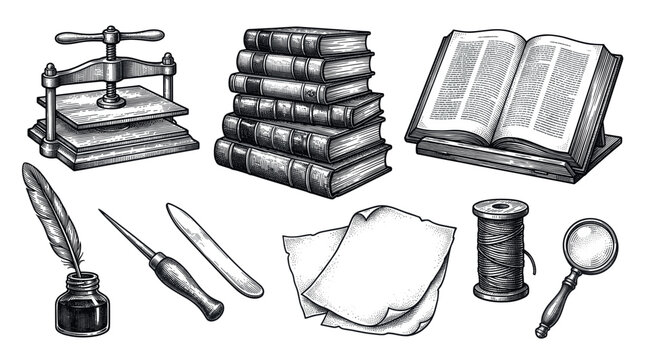 Various vintage bookbinding and writing tools are meticulously arranged in a detailed, hand-drawn engraving style on a clean white background