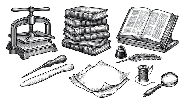 Various vintage bookbinding and writing tools are meticulously arranged in a detailed engraving style on a clean white background
