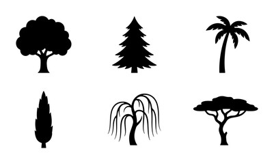 Diverse Tree Silhouettes Collection, Nature Elements, Botanical Icons, Vector Graphics Set © Shahinur