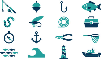 Fishing and nautical equipment flat icons set © Open Expression