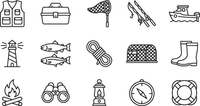 Fishing and outdoor camping adventure outline icons set