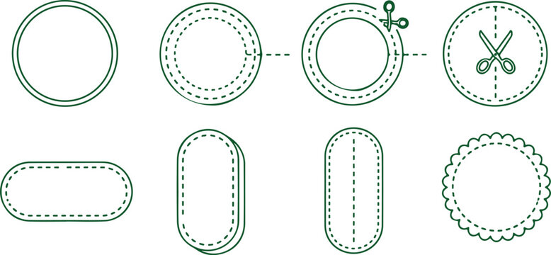 Sewing and embroidery graphic elements, stitch patterns, scissors, frames, and decorative shapes.