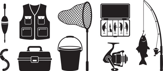 Fishing equipment and tackle silhouettes icon set © Open Expression