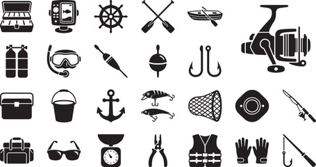 Fishing and scuba diving equipment silhouettes icon set © Open Expression