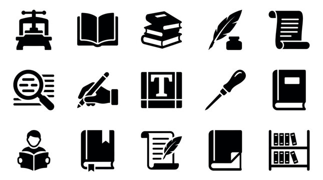 Comprehensive collection of black silhouette icons representing various aspects of publishing, education, and writing on a clean white background