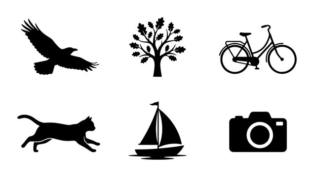 Vector Icons: Eagle, Oak Tree, Bicycle, Cat, Sailboat, Camera, Silhouette Collection