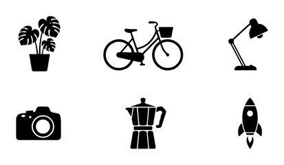 Modern Vector Icons: Plant, Bicycle, Lamp, Camera, Coffee Maker, Rocket Set © Samia