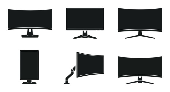 Computer monitor icons, black screens, various angles, six pcs, vector set