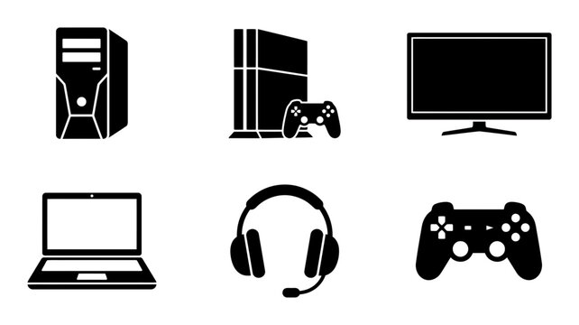 Gaming console icons, computer hardware symbols, video game controllers, black and white vector graphics