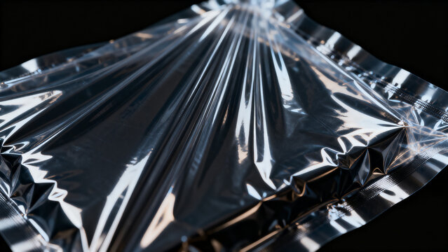 Stretched vacuum seal transparent plastic wrap texture overlay on black background.