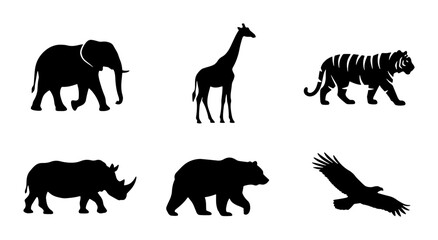 African Wildlife Silhouette Icons: Elephant, Giraffe, Tiger, Rhino, Bear, Eagle Vector Set © Momena
