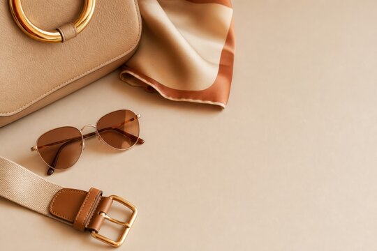 Fashion accessories including beige leather handbag, brown sunglasses, silk scarf, and belt on neutral background, elegant minimalist flat lay composition with copy space