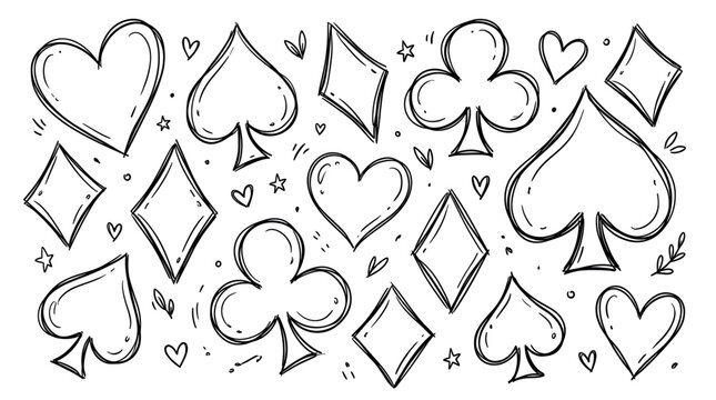 Hand-drawn black and white playing card suits pattern with hearts, spades, clubs, and diamonds on a clean background