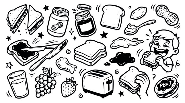 Delicious peanut butter and jelly sandwich ingredients and a happy boy eating, depicted in a playful black and white doodle style