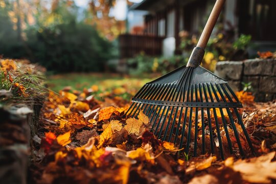 Close-up of a rake gathering vibrant autumn leaves in a sunlit garden, capturing fall yard work, seasonal cleanup, and colorful foliage in natural outdoor light.