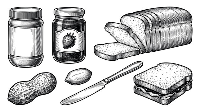 Classic peanut butter and jelly sandwich ingredients in a detailed vintage woodcut style on a clean white background