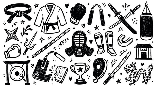 Various martial arts equipment and symbols are hand-drawn in a black and white doodle style on a clean white background